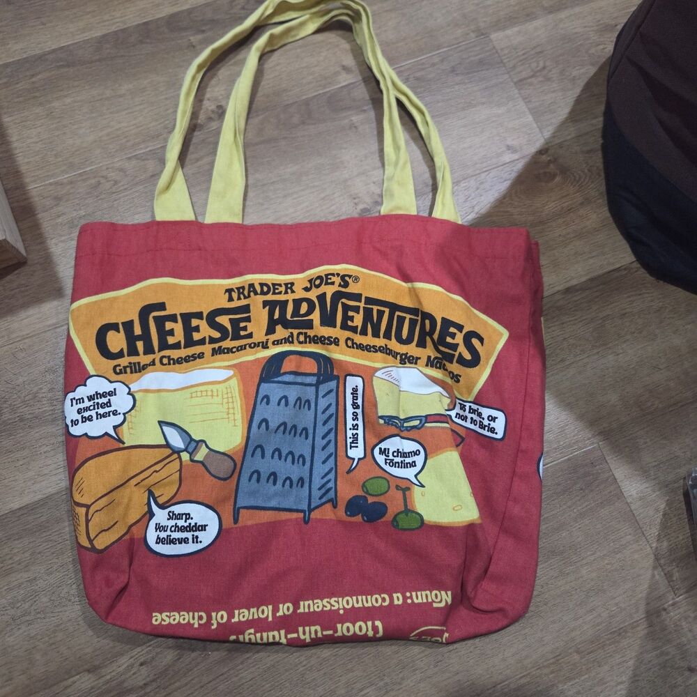 Trader Joeโs Cheese Experience Adventures Red Reusable Shopping Tote Bag Yellow